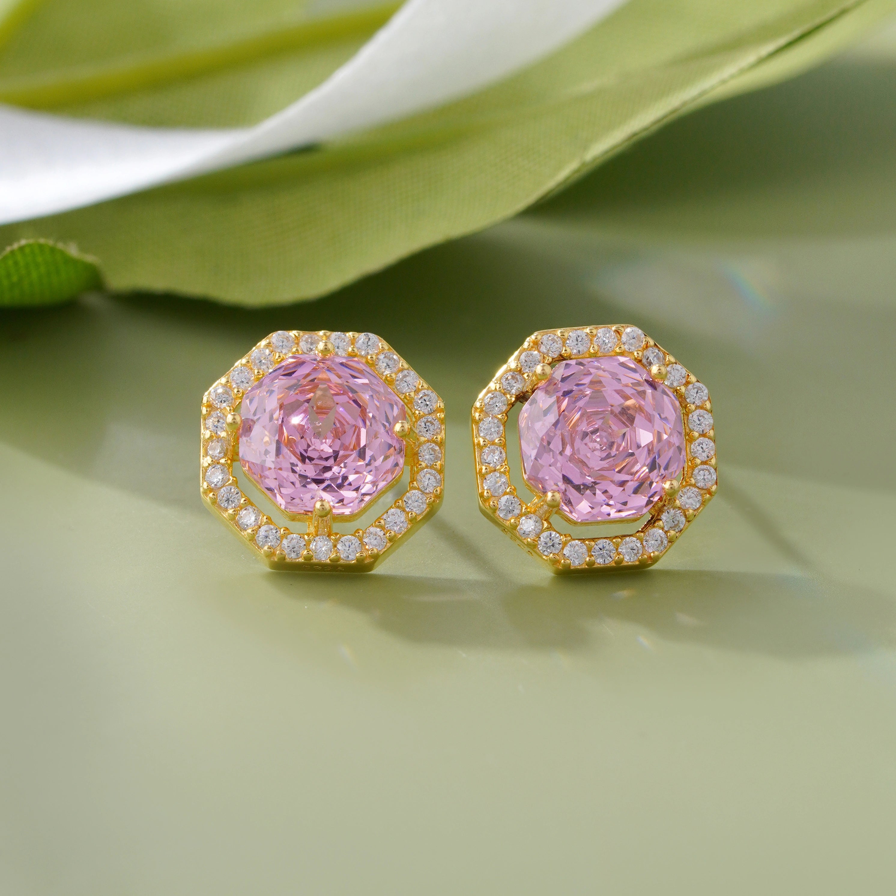 Pink Stone Round Design CZ 925 Sterling Silver Yellow Gold Stud Earrings for Women