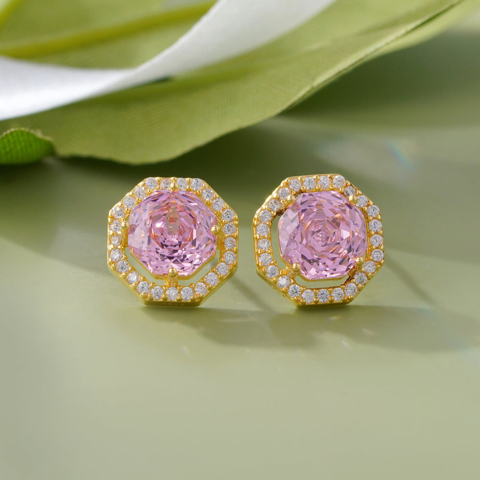 Pink Stone Round Design CZ 925 Sterling Silver Yellow Gold Stud Earrings for Women