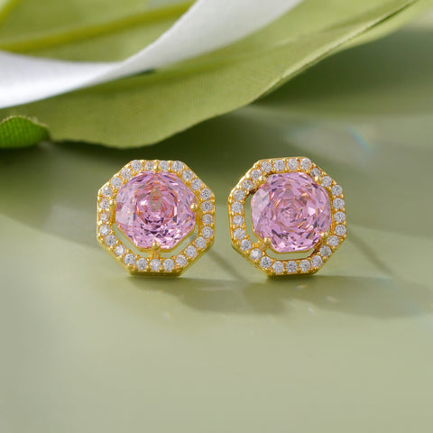 Pink Stone Round Design CZ 925 Sterling Silver Yellow Gold Stud Earrings for Women