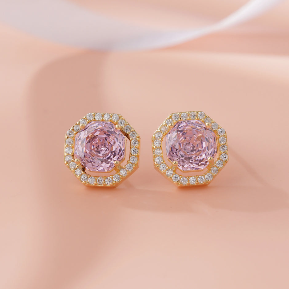 Pink Stone Round Design CZ 925 Sterling Silver Yellow Gold Stud Earrings for Women