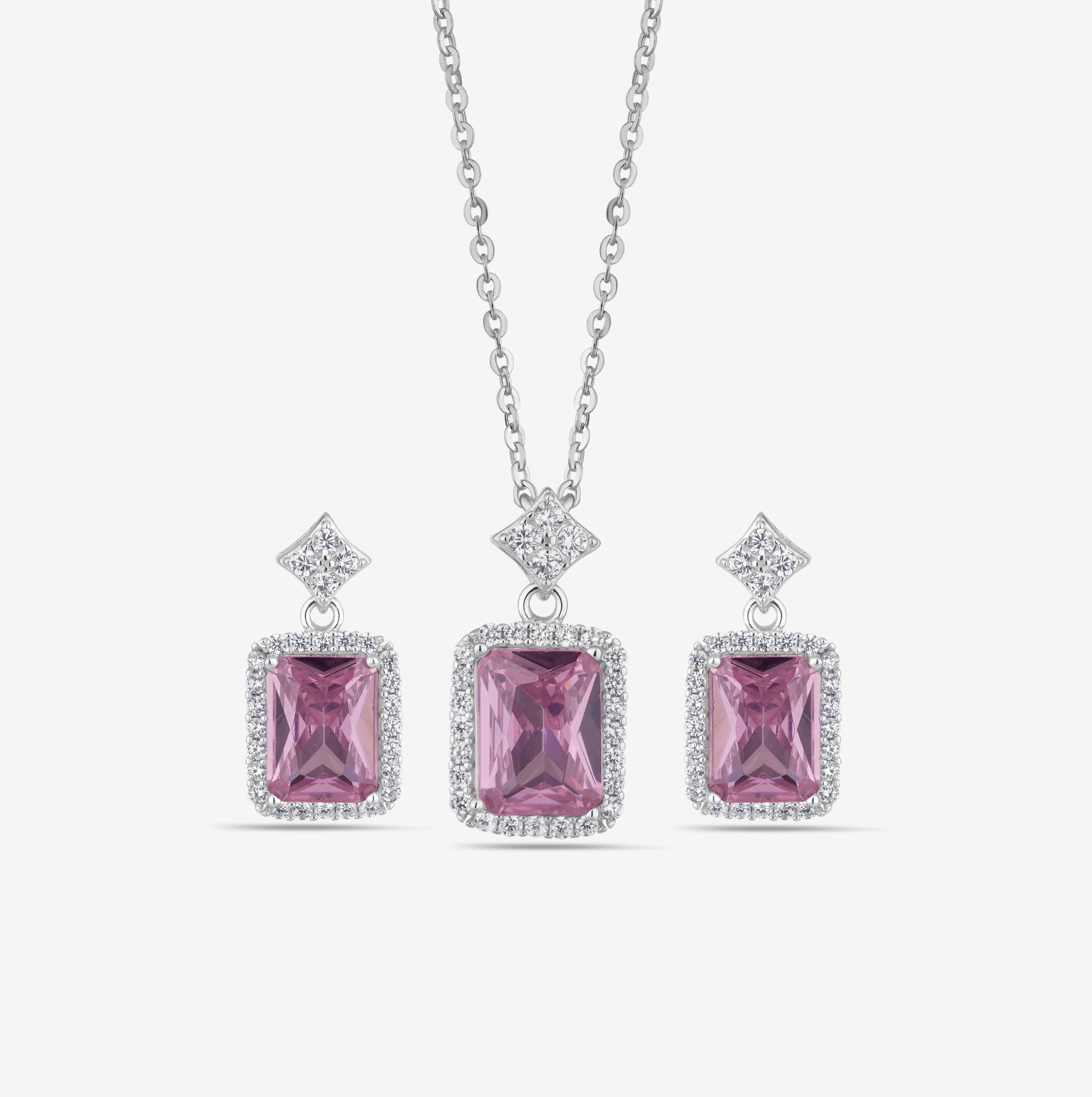 Pink Stone Square Design Cushion Diamond 925 Sterling Silver Pendant Set for Women