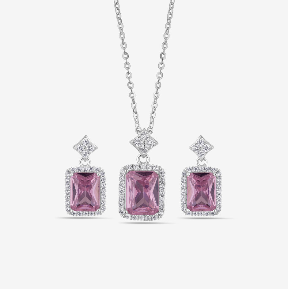Pink Stone Square Design Cushion Diamond 925 Sterling Silver Pendant Set for Women