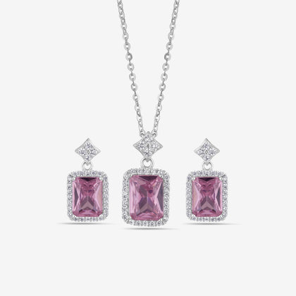 Pink Stone Square Design Cushion Diamond 925 Sterling Silver Pendant Set for Women