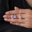 Pink Stone Square Design Cushion Diamond 925 Sterling Silver Pendant Set for Women