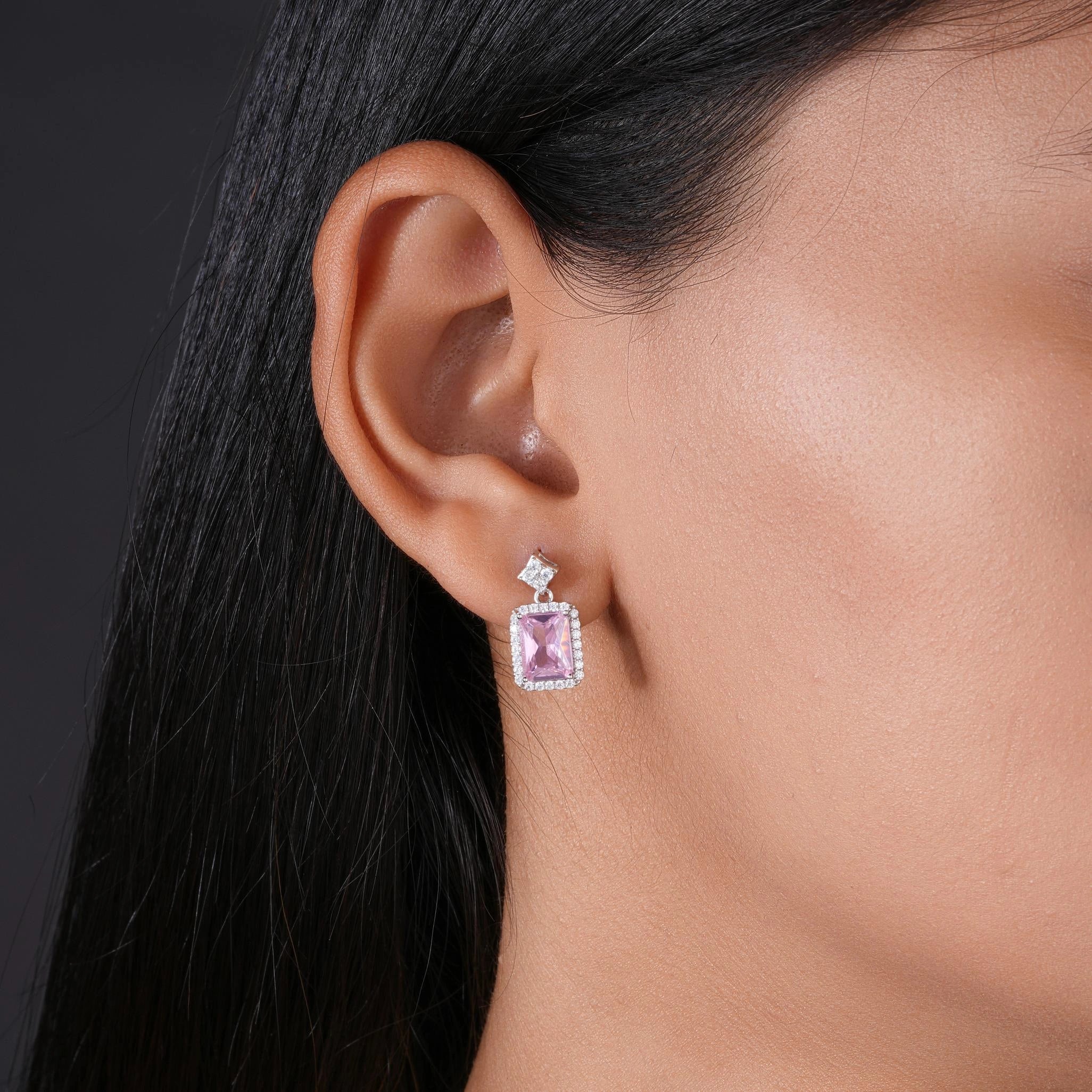 Pink Stone Square Design Cushion Diamond 925 Sterling Silver Pendant Set for Women
