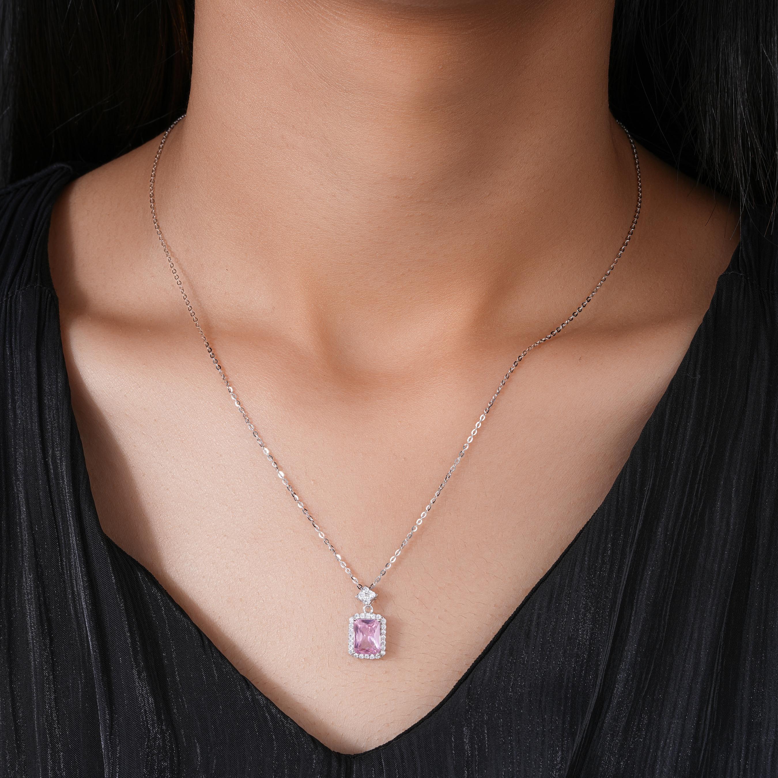 Pink Stone Square Design Cushion Diamond 925 Sterling Silver Pendant Set for Women