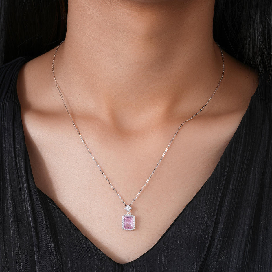 Pink Stone Square Design Cushion Diamond 925 Sterling Silver Pendant Set for Women