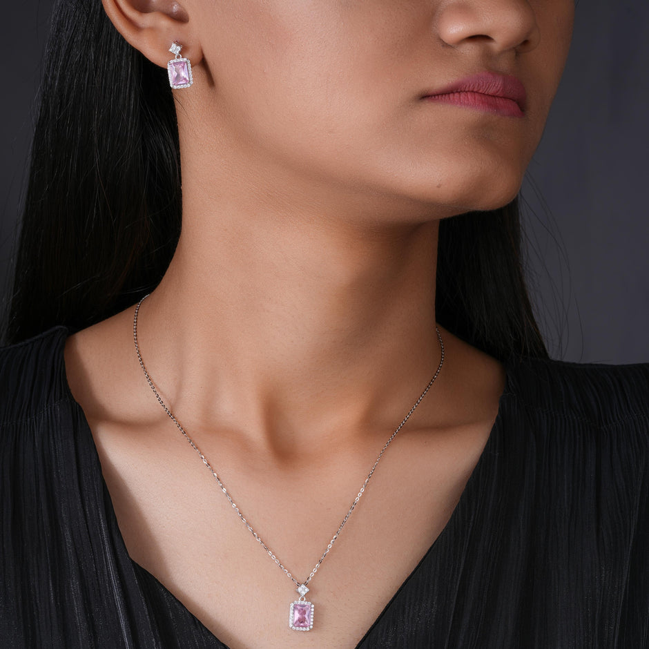 Pink Stone Square Design Cushion Diamond 925 Sterling Silver Pendant Set for Women