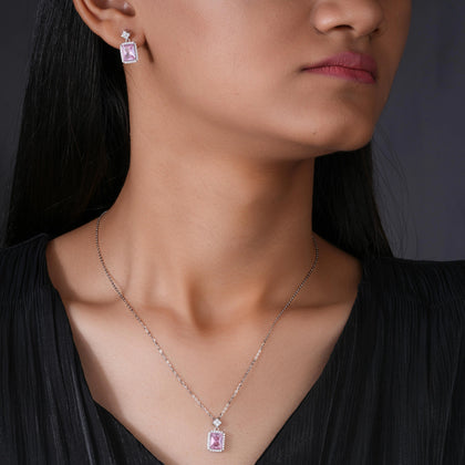 Pink Stone Square Design Cushion Diamond 925 Sterling Silver Pendant Set for Women