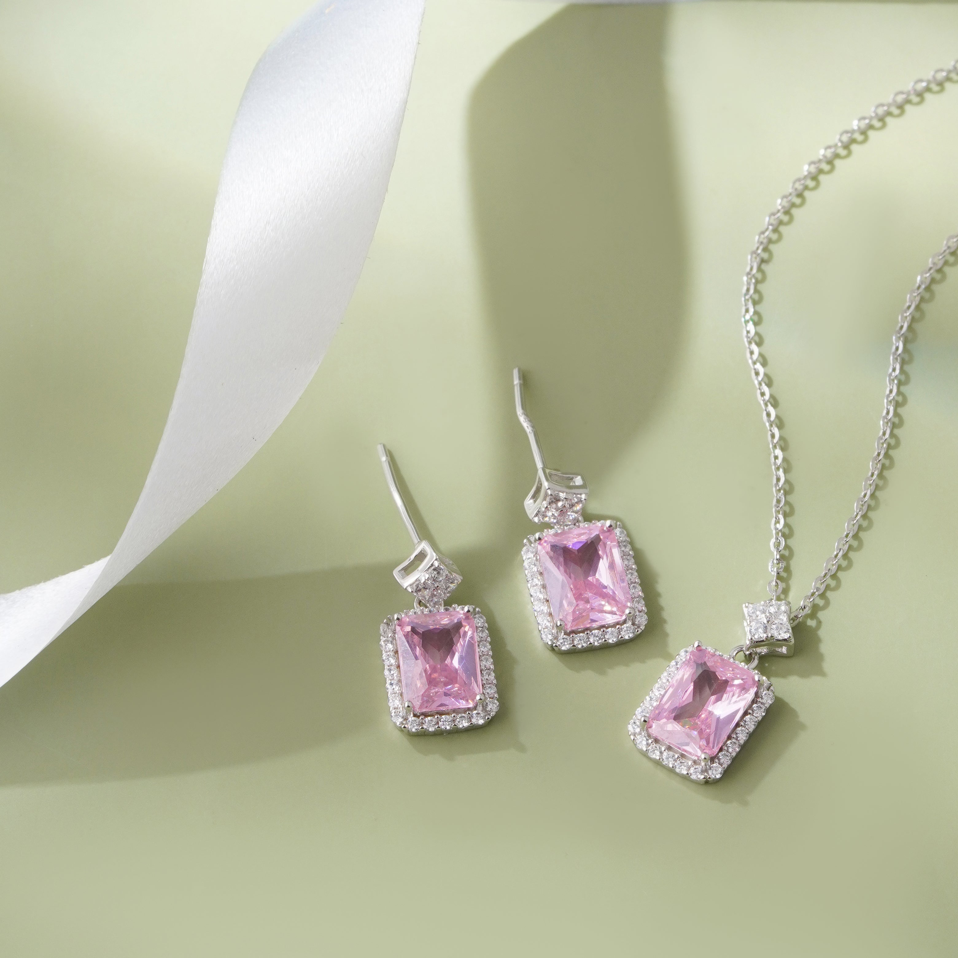 Pink Stone Square Design Cushion Diamond 925 Sterling Silver Pendant Set for Women