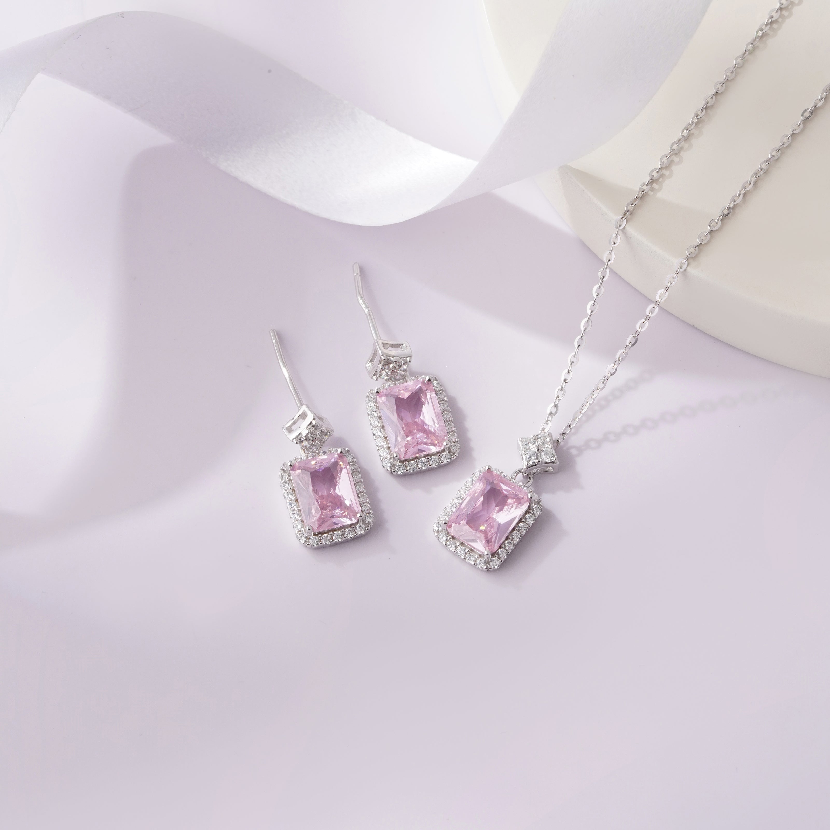 Pink Stone Square Design Cushion Diamond 925 Sterling Silver Pendant Set for Women