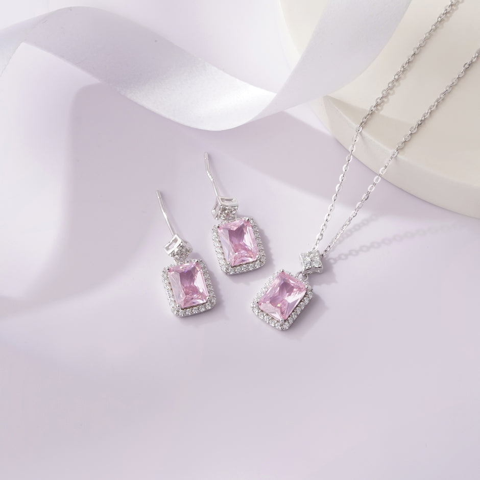 Pink Stone Square Design Cushion Diamond 925 Sterling Silver Pendant Set for Women