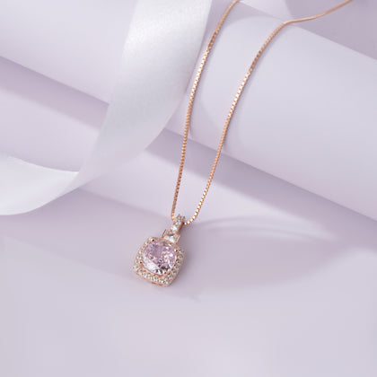 Pink Stone Square Shape 925 Sterling Silver Rose Gold Pendant Chain for Women