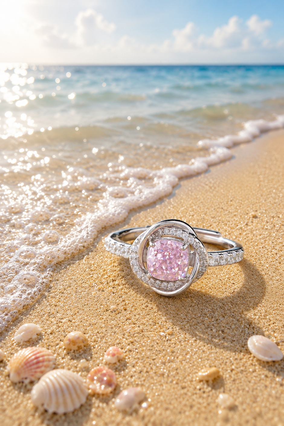 Pink cubic zirconia halo ring in 925 sterling silver displayed on a sandy beach with ocean waves and seashells, showcasing elegant women's jewelry in a coastal setting.