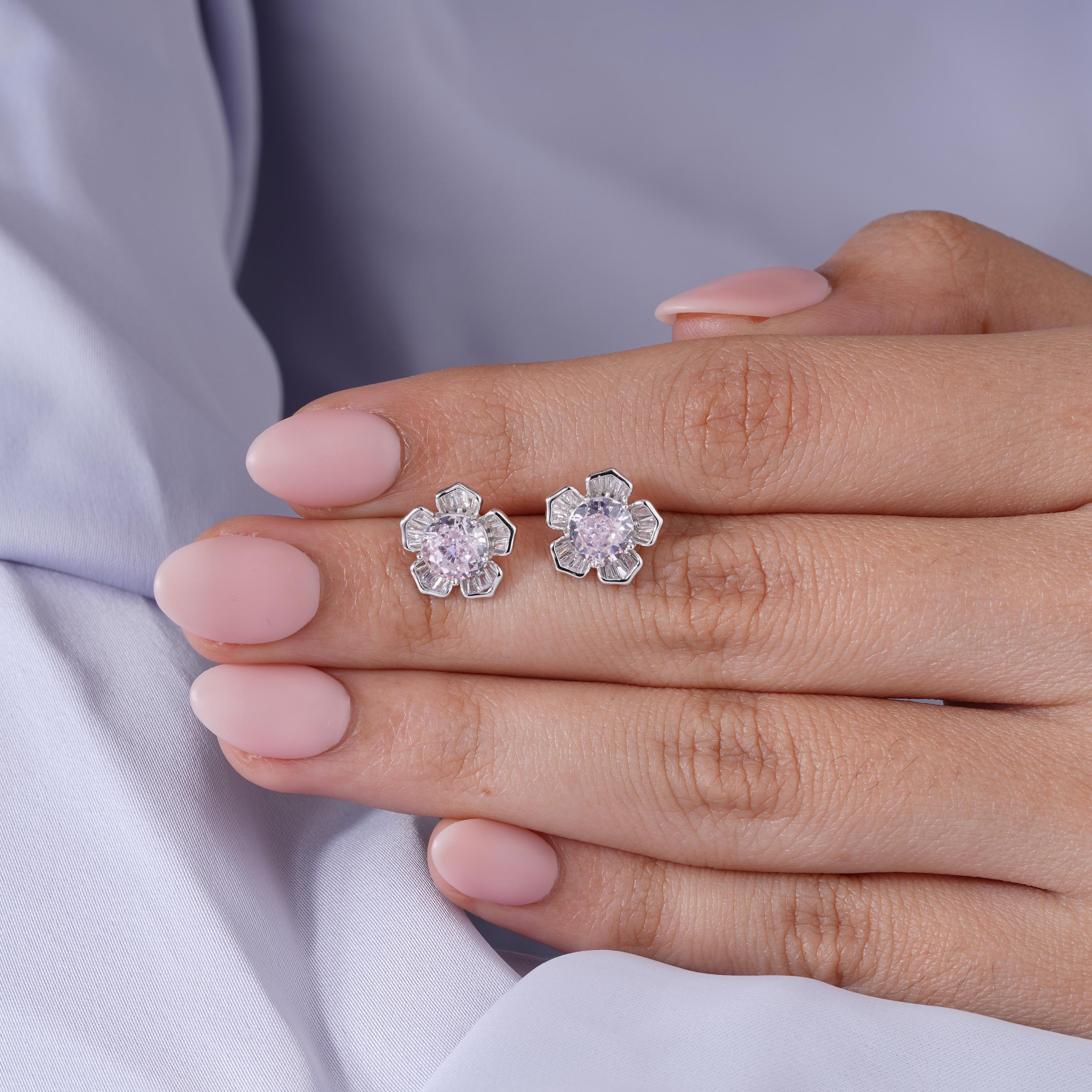 Pink Stone Flower Shape Stud Earrings