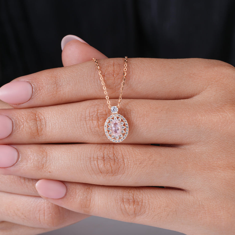 pink stone oval diamond 925 silver rose gold pendant chain