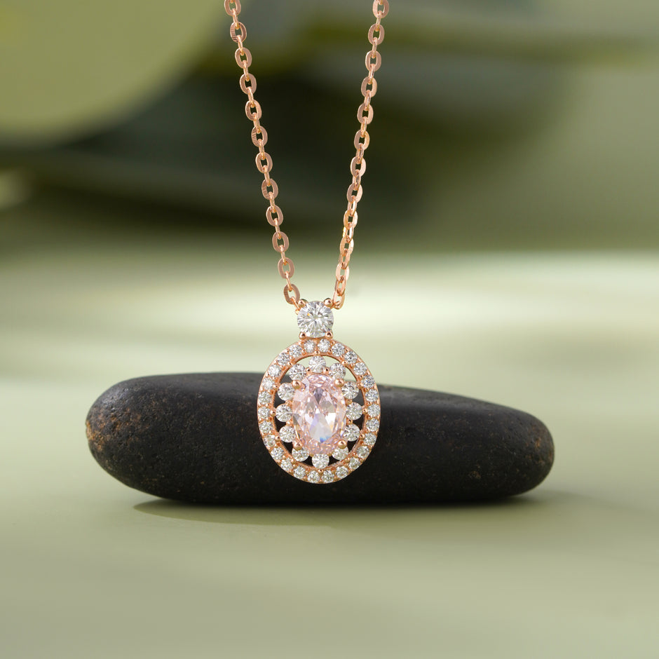 pink stone oval diamond 925 silver rose gold pendant chain