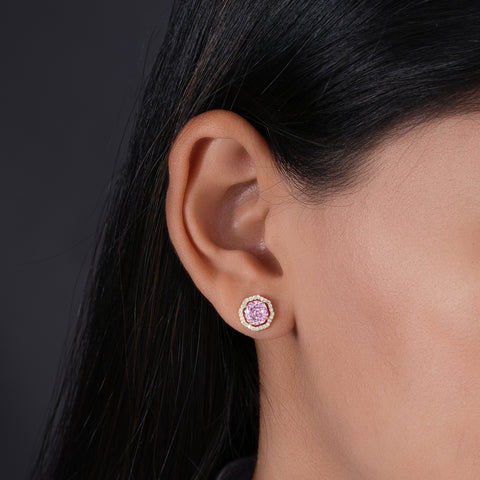 Pink Stone Round Design CZ 925 Sterling Silver Yellow Gold Stud Earrings for Women