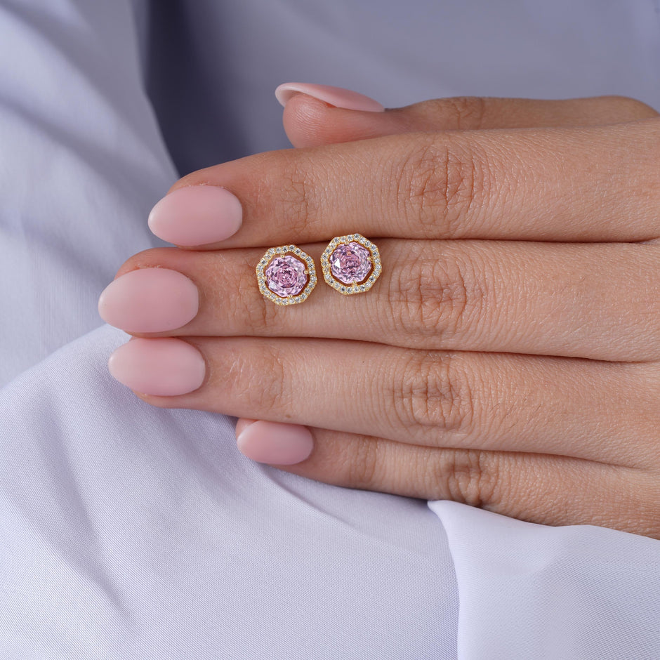 Pink Stone Round Design CZ 925 Sterling Silver Yellow Gold Stud Earrings for Women
