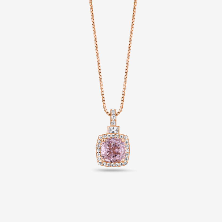 Pink Stone Square Shape 925 Sterling Silver Rose Gold Pendant Chain for Women