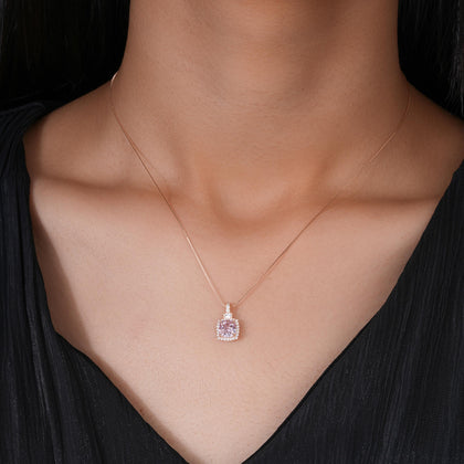 Pink Stone Square Shape 925 Sterling Silver Rose Gold Pendant Chain for Women