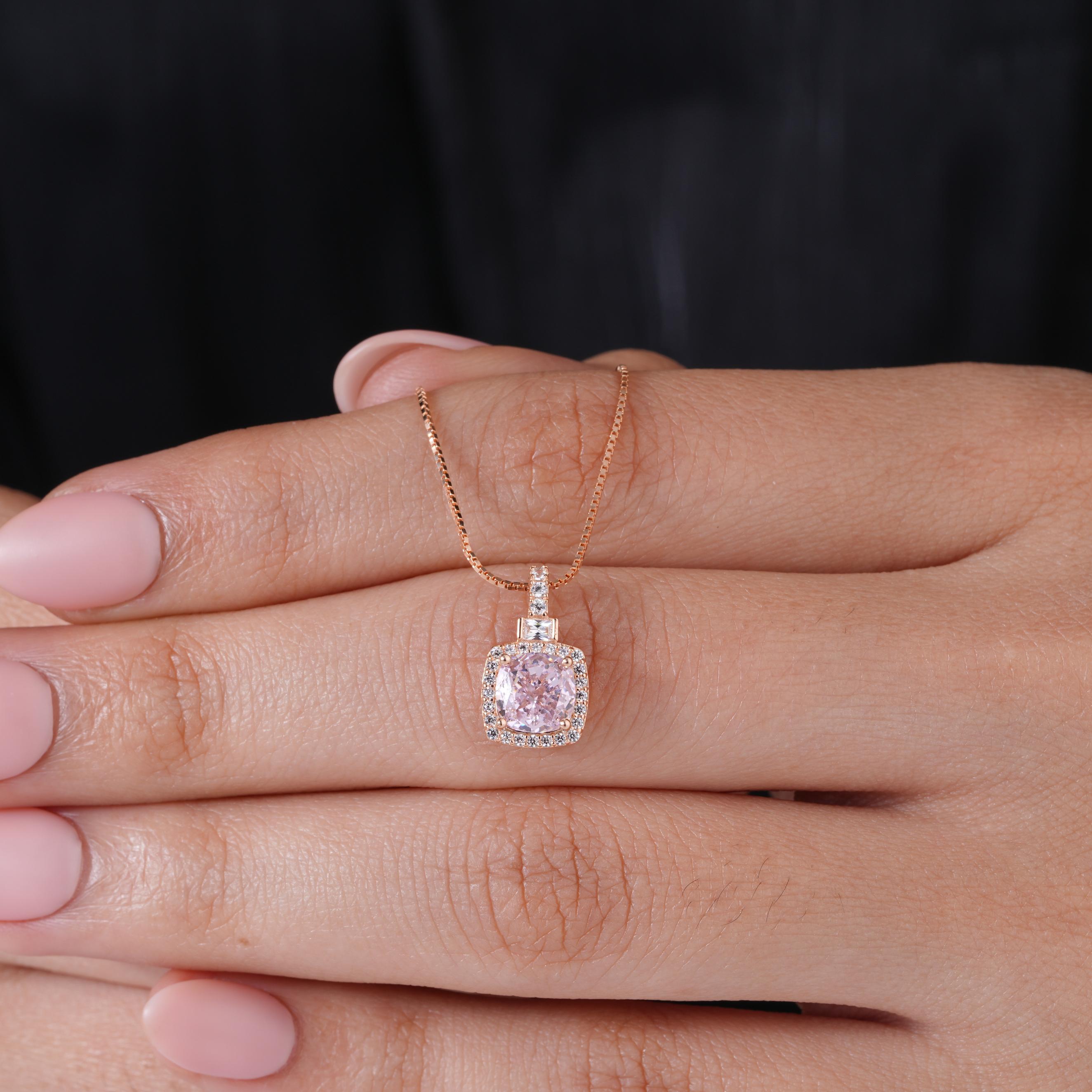 Pink Stone Square Shape 925 Sterling Silver Rose Gold Pendant Chain for Women