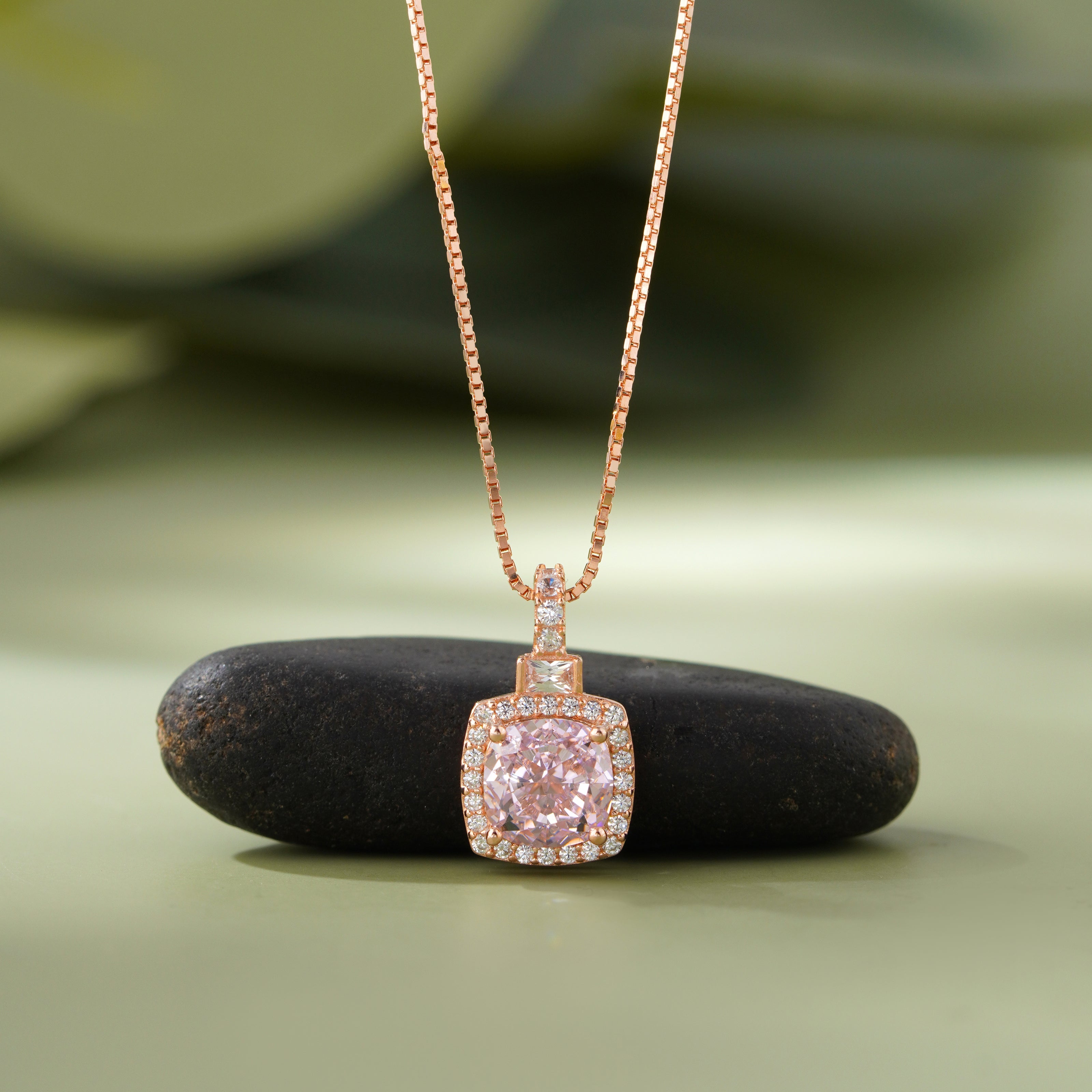 Pink Stone Square Shape 925 Sterling Silver Rose Gold Pendant Chain for Women