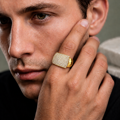 Pave CZ Diamond Statement Ring for Men 925 Sterling Silver Gold Finish