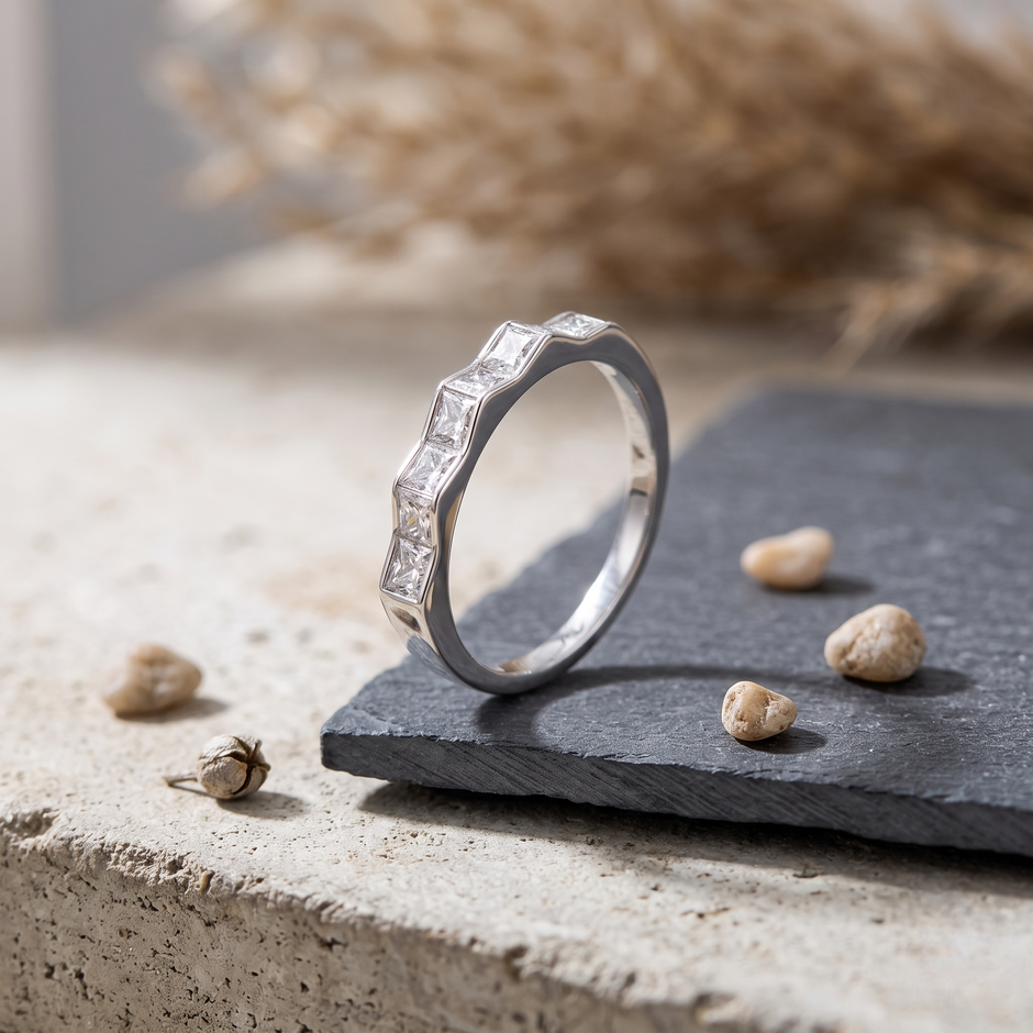 925 Sterling Silver Geometric Princess CZ Band Ring for Women