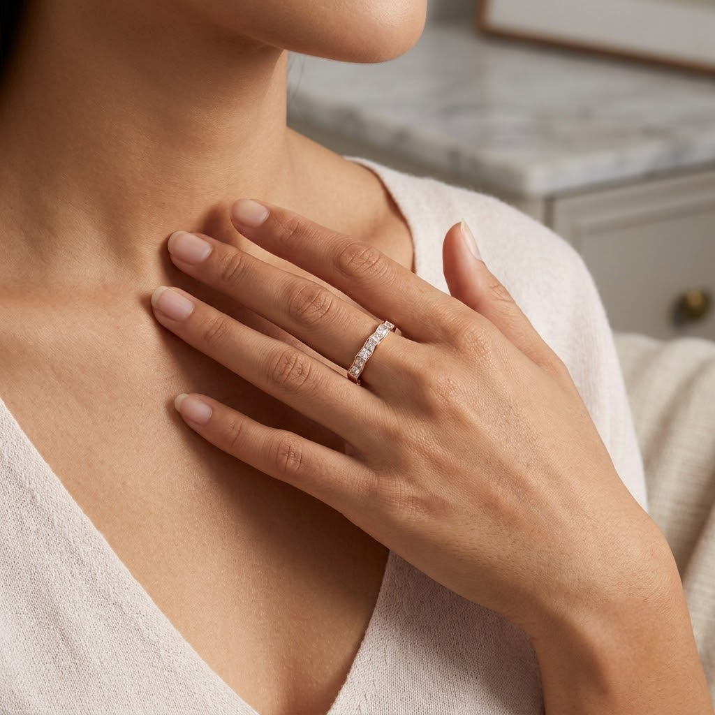 925 Sterling Silver Rose Gold Princess CZ Geometric Band Ring for Women