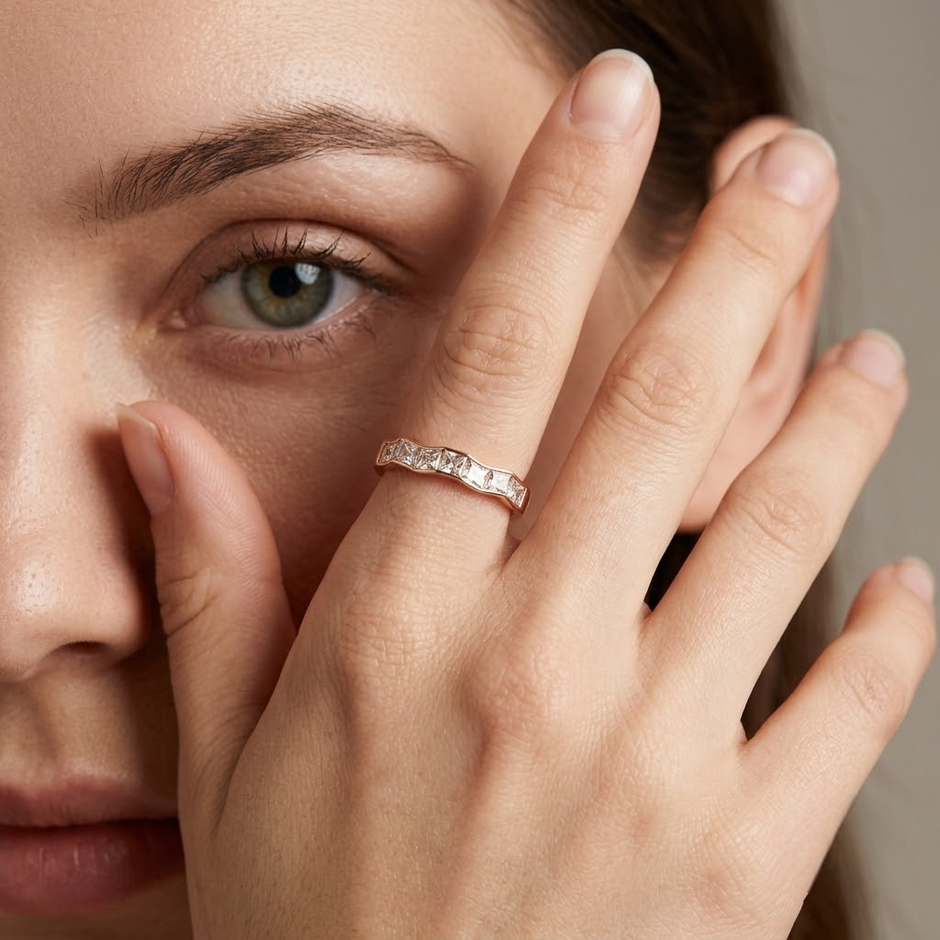 925 Sterling Silver Rose Gold Princess CZ Geometric Band Ring for Women