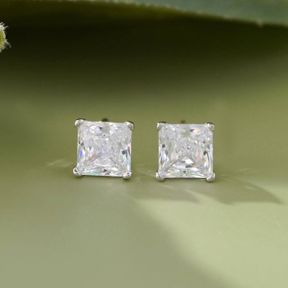 Princess Cut Diamond Style 925 Sterling Silver Stud Earrings for Women
