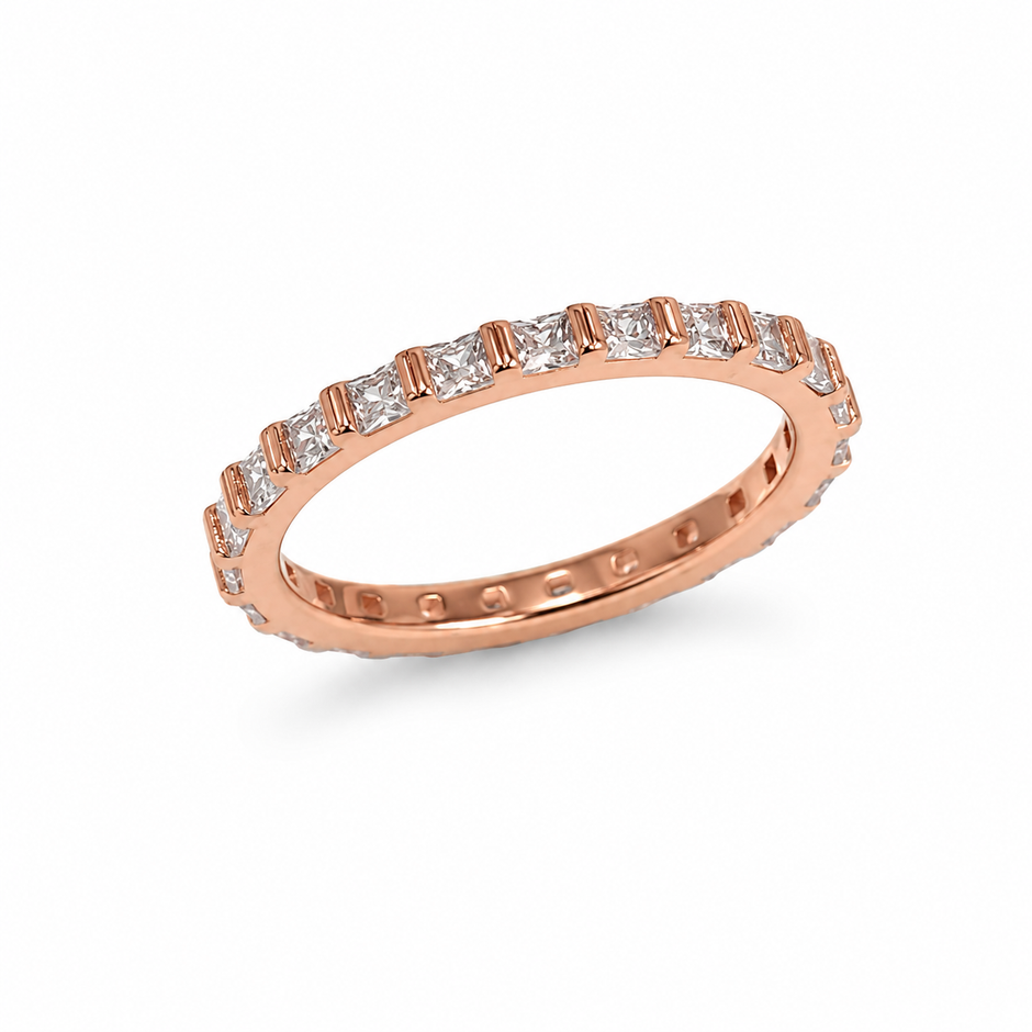 925 Sterling Silver Rose Gold Princess Cut CZ Eternity Band Ring on Amethyst Crystal.