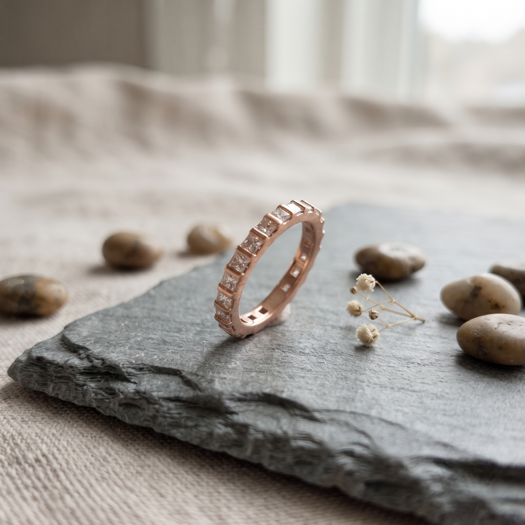 925 Sterling Silver Rose Gold Princess Cut CZ Eternity Band Ring on Amethyst Crystal.