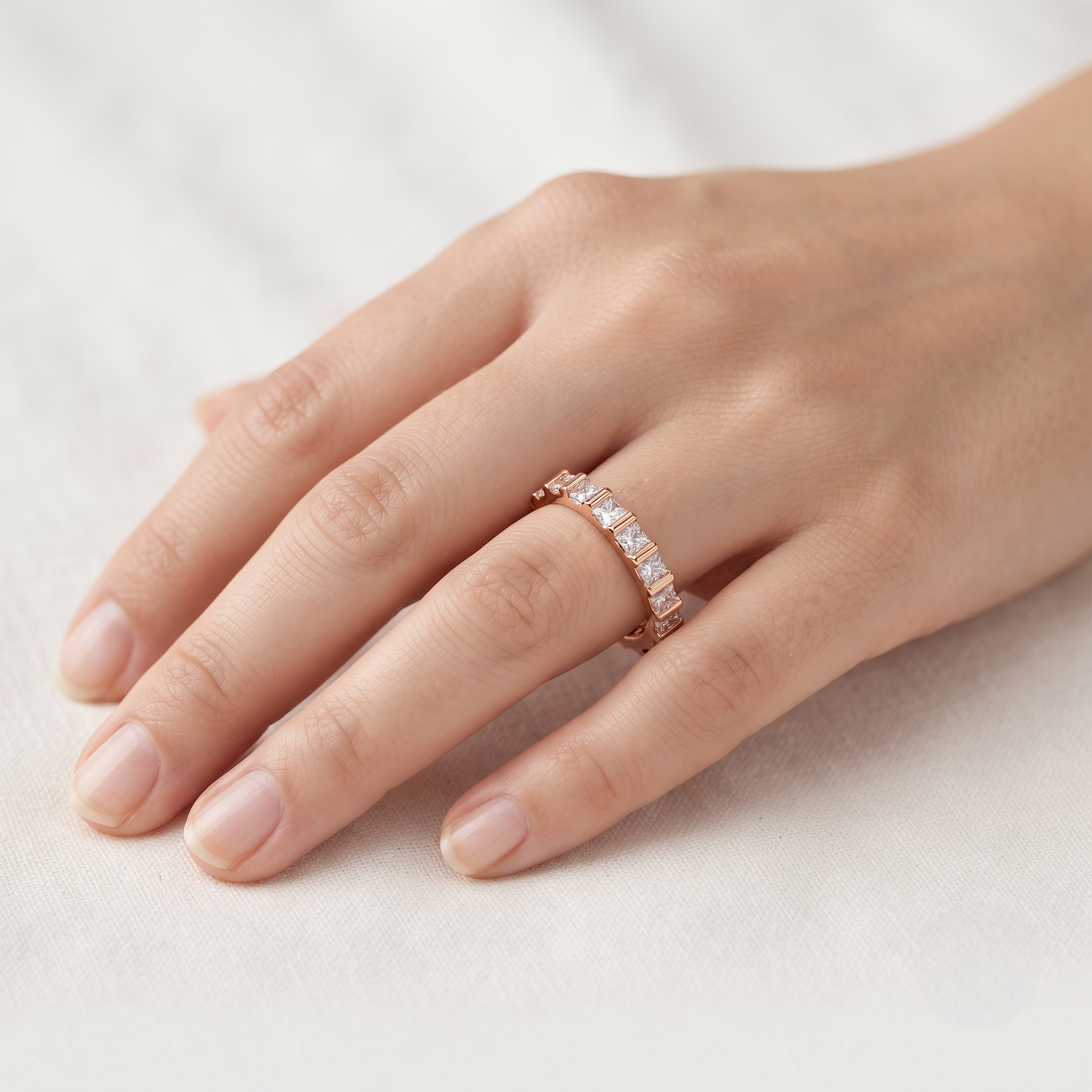 925 Sterling Silver Rose Gold Princess Cut CZ Eternity Band Ring on Amethyst Crystal.