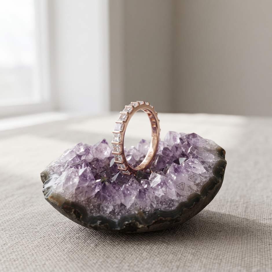 925 Sterling Silver Rose Gold Princess Cut CZ Eternity Band Ring on Amethyst Crystal.