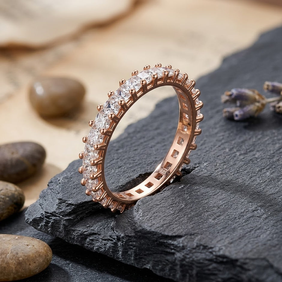 925 Sterling Silver Rose Gold CZ Eternity Band Ring for Women