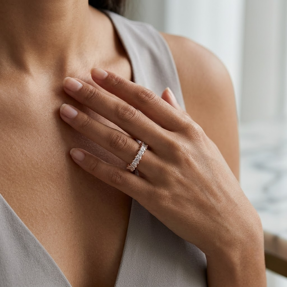 925 Sterling Silver Rose Gold CZ Eternity Band Ring for Women