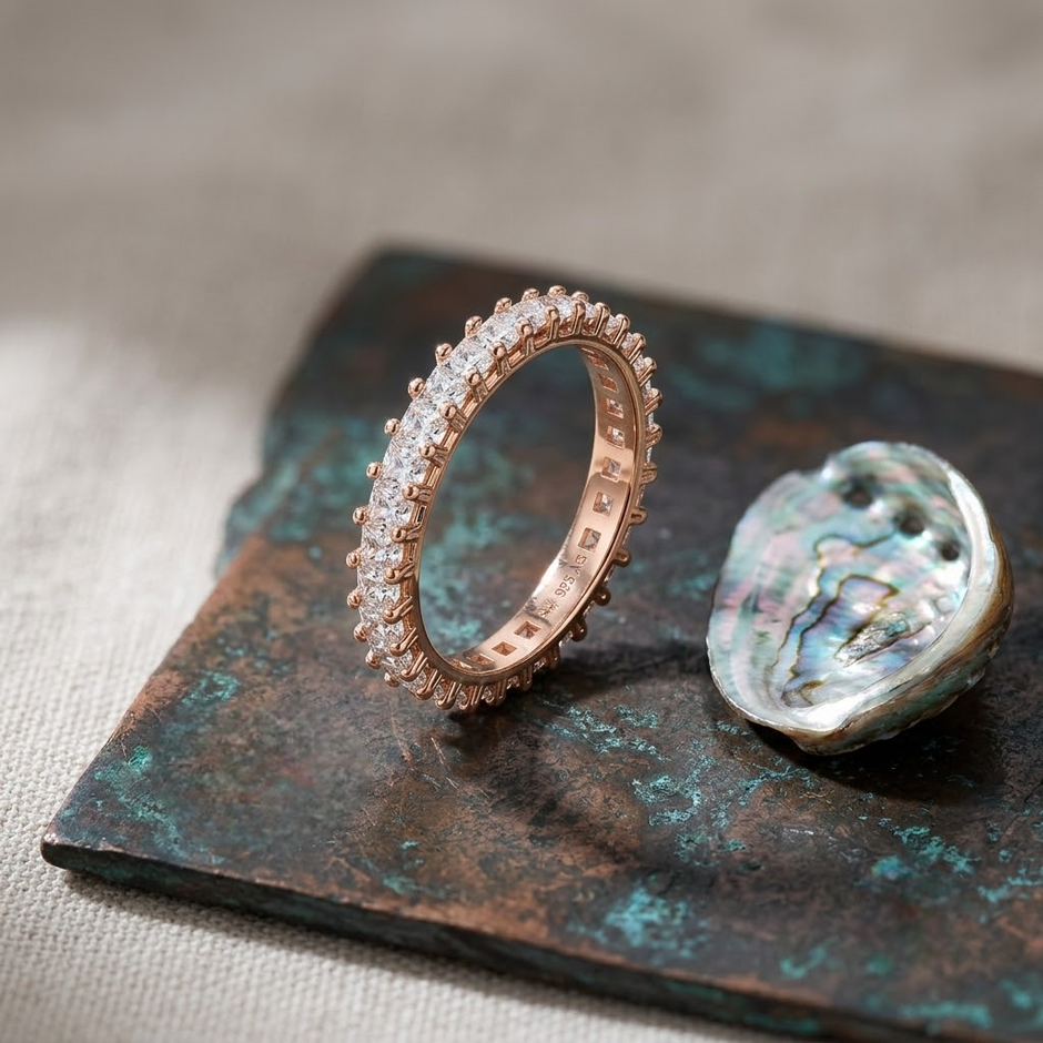925 Sterling Silver Rose Gold CZ Eternity Band Ring for Women
