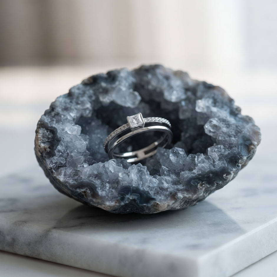 925 Sterling Silver Princess Cut Solitaire CZ Ring with Pavé Band on Crystal Geode Display