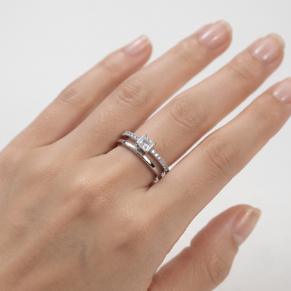 925 Sterling Silver Princess Cut Solitaire CZ Ring with Pavé Band on Crystal Geode Display