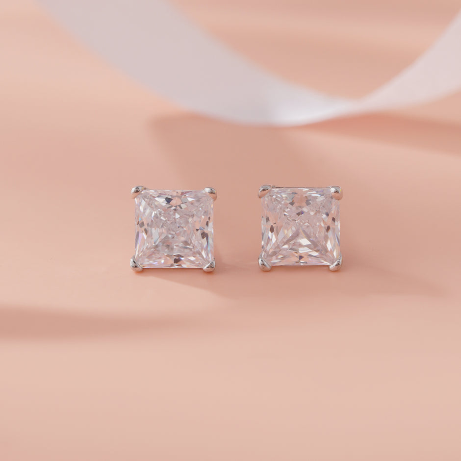 Princess Cut Diamond Style 925 Sterling Silver Stud Earrings for Women