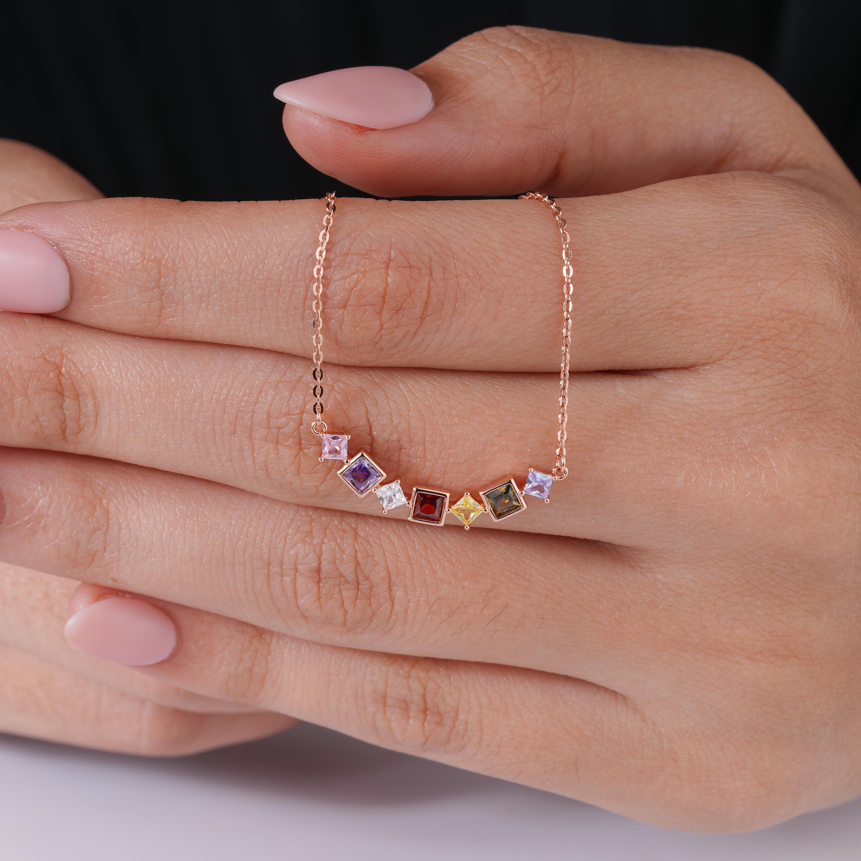 Prism Harmony Multicolor Diamond 925 Sterling Silver Rose Gold Pendant Chain for Women
