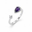 925 Sterling Silver Open Ring with Purple Pear-Cut CZ and Clear Round CZ.