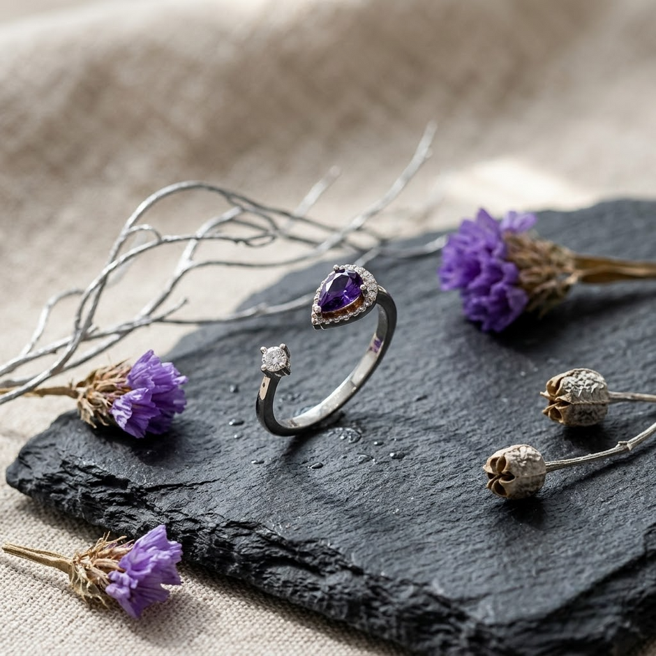 925 Sterling Silver Open Ring with Purple Pear-Cut CZ and Clear Round CZ.