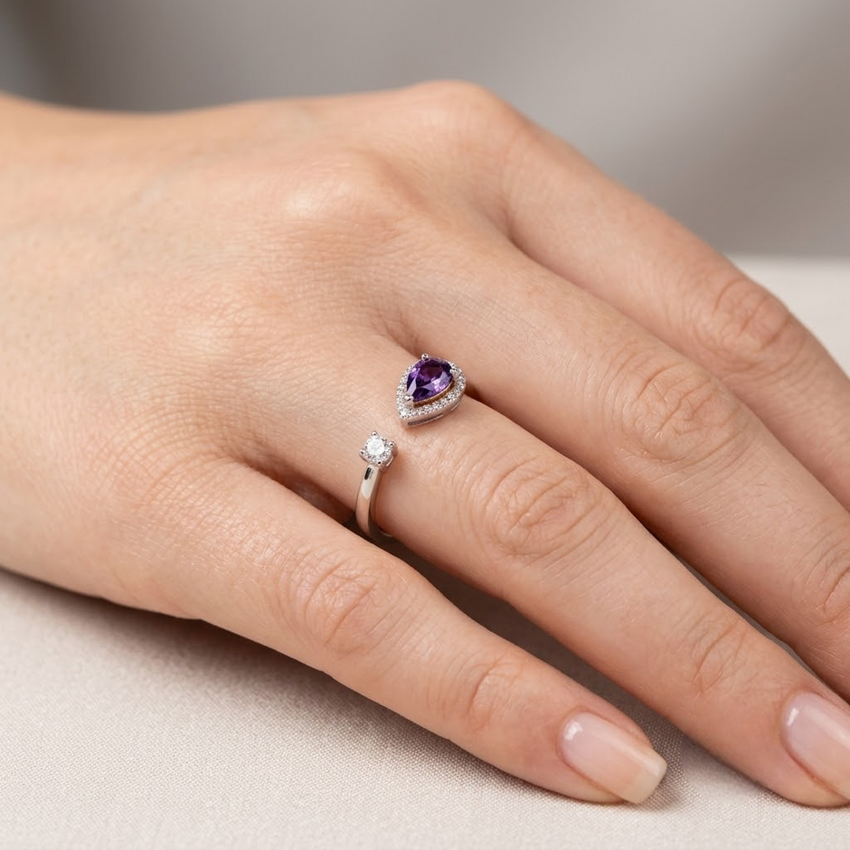 925 Sterling Silver Open Ring with Purple Pear-Cut CZ and Clear Round CZ.
