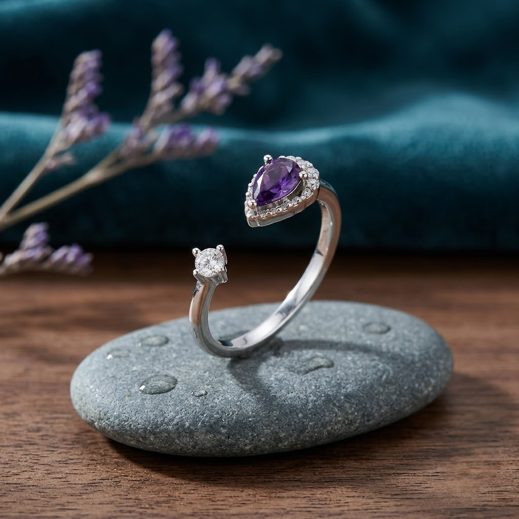 925 Sterling Silver Open Ring with Purple Pear-Cut CZ and Clear Round CZ.