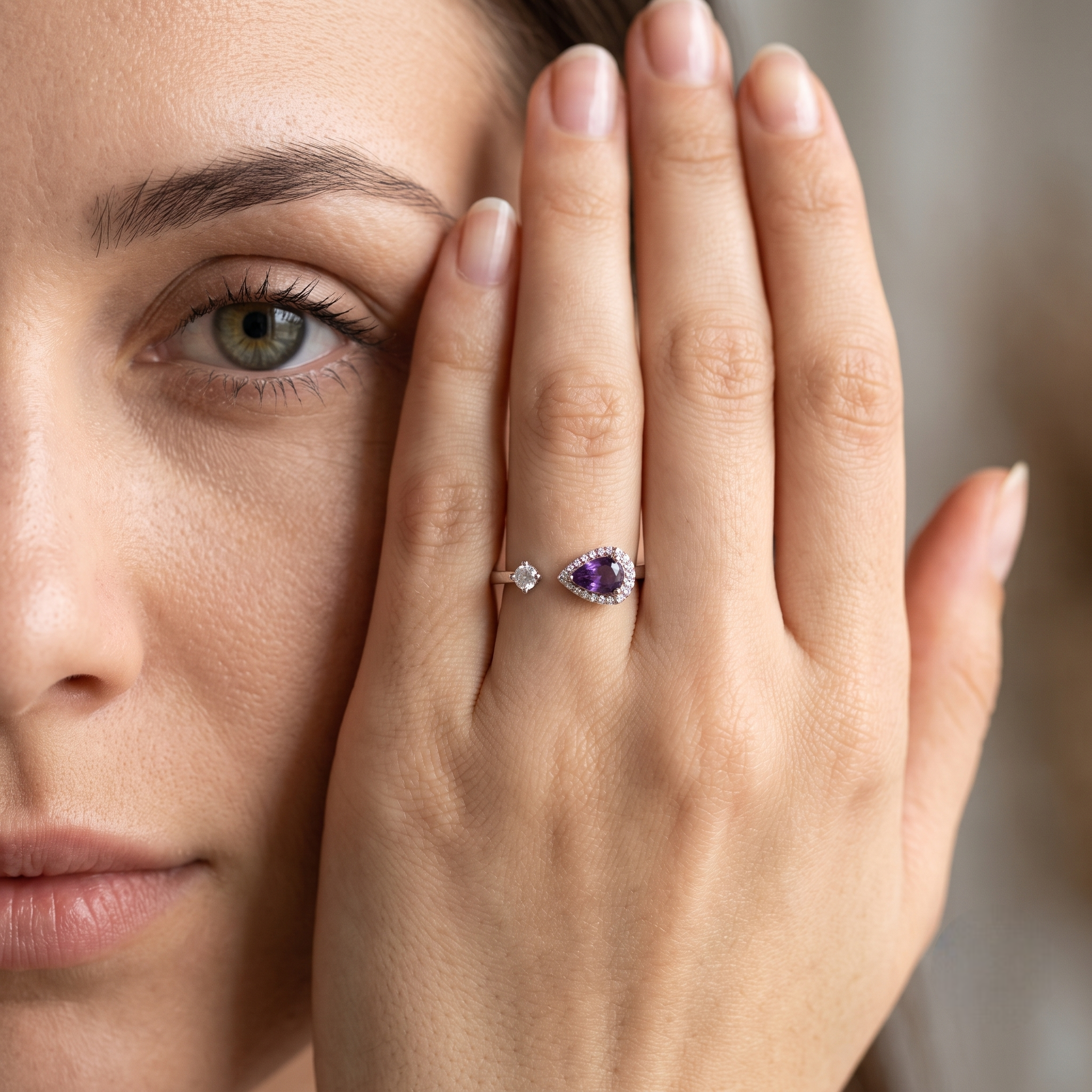 925 Sterling Silver Open Ring with Purple Pear-Cut CZ and Clear Round CZ.