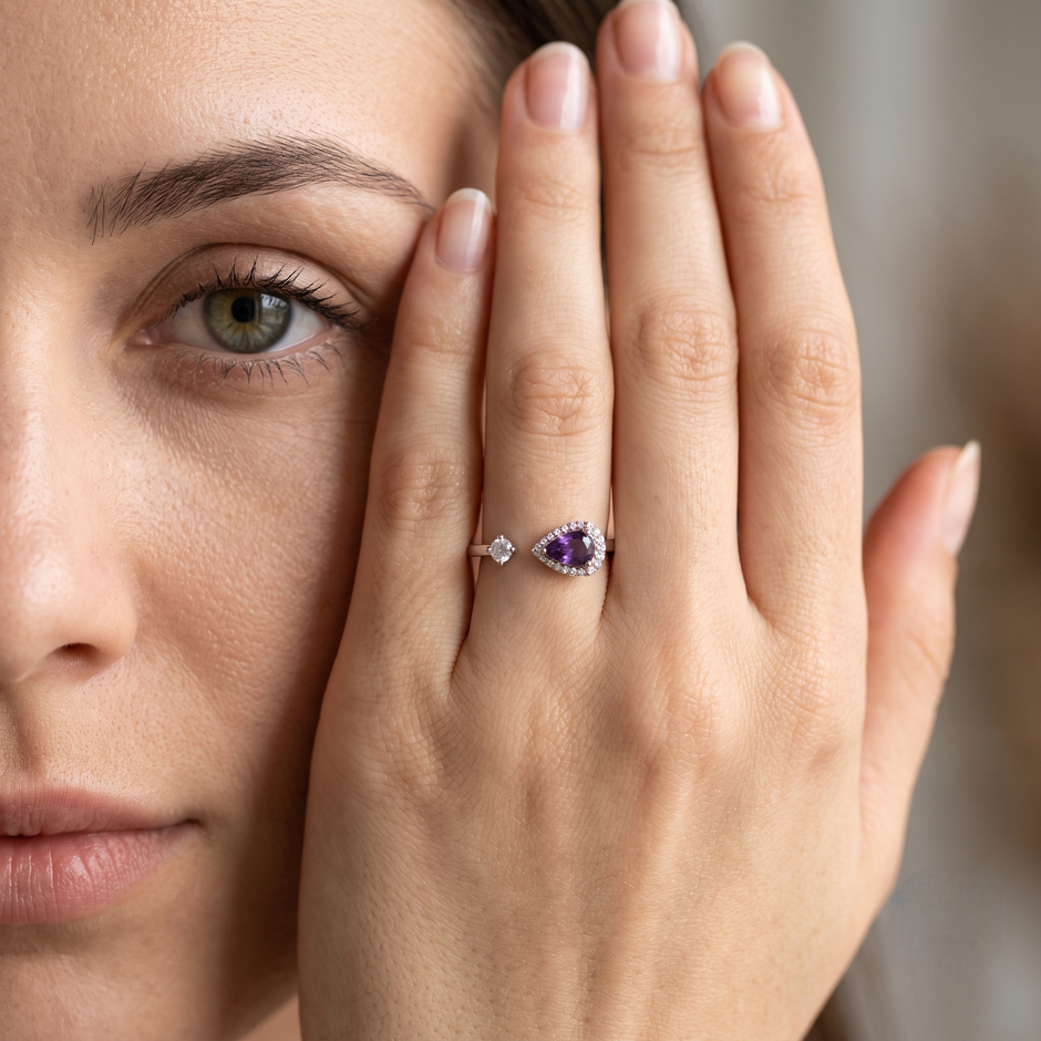 925 Sterling Silver Open Ring with Purple Pear-Cut CZ and Clear Round CZ.