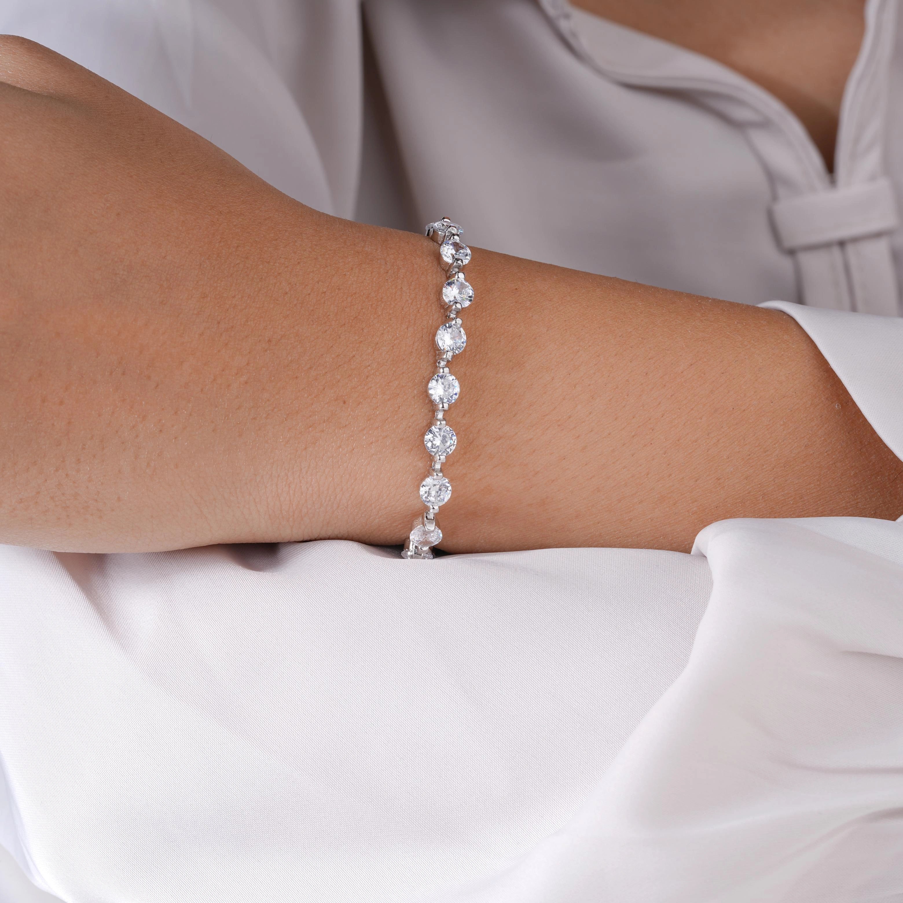 Round Cut Tennis Diamond Silver Bracelet for Women